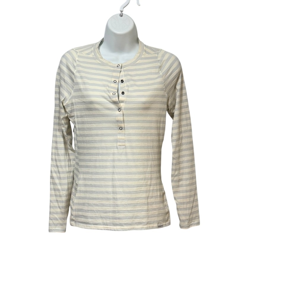 Patagonia Womens Small Merino Wool Blend Striped Long Sleeve Henley Top Blue